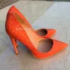 Dress Shoes Orange Color Snakeskin High Heels Woman Sexy Pointed Toe Stiletto Heel Leather Single Lady Large Size Pumps