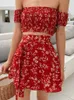 Two Piece Dress ArtSu Women Summer Fashion Flowers Print Off Shoulder Bandage Crop Top And Skirt 2 Set Red Pink Ruffles Holiday Outfits 230506