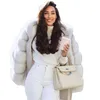 Kvinnors päls faux naturlig vit riktig jacka med huva tjock varm överrock vinter kvinnor outwear mid-längd äkta rockar kvinna
