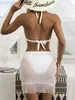 Designer Fashion New Style Solid Color Fringed Skirt Bikini Three-piece White Lace Neck Hanging Swimsuit Ins Style Bikini T Shirt Tops