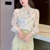 Women's Blouses Bow Tie Tops Women Korean Style Design Clothes Flare Sleeve Elegant Office Lady Cute Ribbon Sweet Basic Shirts