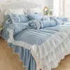 Set di biancheria da letto Double Ruffle Farmhouse Waterfall Copripiumino 4/7Pcs Shabby Blue Chic Set per la decorazione della camera delle ragazze Federe da letto