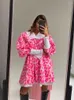 Casual Dresses Korea Fashion Pink Lovely Lantern Sleeve Leopard Print Long A Line Dress Doll Collar Women 2023