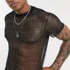 Erkek Tişörtleri Seksi Örgü Şeffaf Gömlek Erkekler Kısa Kollu Parlak Yetenli Nefes Alabilir Tops Clubwear Street Giyim Erkek See-Through Slim T-Shirtme