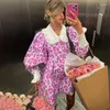 Casual Dresses Korea Fashion Pink Lovely Lantern Sleeve Leopard Print Long A Line Dress Doll Collar Women 2023