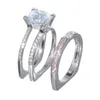 Anneaux de mariage mignon rose anneau ensemble rond blanc Zircon pierre pour les femmes promesse de mariée fiançailles Couple fête bijoux CzWedding