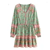 Robes décontractées Happie Queens Femmes élégantes Cravate Cou Floral Print Boho Dames Manches longues Ethnique Coton Bohème Mini Robe