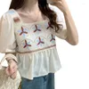 Dames blouses hollows chiffon mouwen shirts patchwork gebreide mooie tops los fit zoet patroon shirt voor vrouwen meisje dagelijkse school