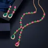 Pendentif Colliers CWWZircons beau vert et rouge CZ zircone pierre bijoux 4 feuilles longue goutte collier de fête ensembles de boucles d'oreilles pour les femmes T225 230506