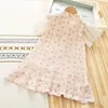 Flickaklänningar Barnklänning 2023 Girls 'National Style Cheongsam Lace Flutter Sleeve Nail Bead Pearl Princess A-Line Frock Fairy