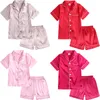 Roupas Conjuntos de roupas de verão Crianças Pijama Conjunto de mancha de seda de seda Solid Solid Crianças meninas meninos Pijamas Sleepwear Suit 230506