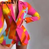 Robe Deux Pièces CMYAYA Ensemble Femme Élégant Blazer Tops et Shorts Costume Assorti Deux 2 Pièces Ensemble Office Lady INS Léopard Chian Tie Dye Tenues J230506