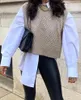 Kadın Yelekleri Xikom 2023 Kadınlar Vintage Khaki İnce Örme Kazak Yelek Kadın O Boyun Zarif Külot Sokak Giyim Sıradan Şık Top