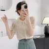 Women's Blouses Summer 2023 Fashion Elegant Apricot Hollow Lace Flower Single Breasted Women Shirt Casual Loose Top Formal Puff Sleeve