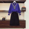 Work Dresses Winter Women Elegant Knit Suit Embroidery Sweater Tops And Midi Skirt Matching Outfit Plus Size Slim Two Piece Set Female