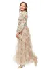 Women's Runway Dresses O Neck Long Sleeves Appliques Ruffles Floral Printed Fashion Designer Maxi Party Prom Gown