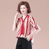 Blouses Femmes Femmes T-shirts Été Stripe Imprimé Ruban Pull À Manches Courtes Tops Col En V Casual Lâche Moyen Âge Mère Vêtements