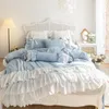 Set di biancheria da letto Double Ruffle Farmhouse Waterfall Copripiumino 4/7Pcs Shabby Blue Chic Set per la decorazione della camera delle ragazze Federe da letto