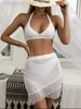 Designer Fashion New Style Solid Color Fringed Skirt Bikini Three-piece White Lace Neck Hanging Swimsuit Ins Style Bikini T Shirt Tops