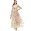 Women's Runway Dresses O Neck Long Sleeves Appliques Ruffles Floral Printed Fashion Designer Maxi Party Prom Gown