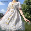 Casual Dresses Summer Japanese Kawaii Square Collar Kort ärmtryck Print Party Dress Vintage Sweet White Lolita Lace Fairy Vestido