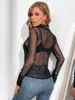 Blouses pour femmes 2023 automne maille chemise noir solide Transparent chemises femme mode Sexy élégant maigre haute rue dames