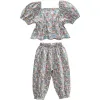Ensemble de vêtements d'été pour petites filles, 2 pièces, chemisier à manches bulles, motif floral, haut avec pantalon, tenues pour enfants