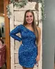 Kurzes Cocktail-Hoco-Kleid 2k23 Lavendel, Gold, Blau, Rosa, Grün, Pailletten, Dame, formelles Partykleid, eine Schulter, Clubabend, Abschlussfeier, Heimkehr, Gala, NYE, langer Ärmel, Schlitz