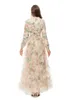 Women's Runway Dresses O Neck Long Sleeves Appliques Ruffles Floral Printed Fashion Designer Maxi Party Prom Gown