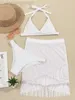 Designer Fashion New Style Solid Color Fringed Skirt Bikini Three-piece White Lace Neck Hanging Swimsuit Ins Style Bikini T Shirt Tops