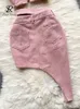 Zweiteiliges Kleid SINGREINY Denim Pink Sexy Damen Sets Reißverschluss Schärpen Knopftasche Unregelmäßiges trägerloses rückenfreies Oberteil Jeansrock Zweiteiliges Set J230506