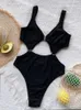 Women's Swimwear Vigorashely Sexy Black Strapped Swimwear Women Ring Hollow One Piece Swimsuit Monokini 2023 Push UP Bathing Beach Swim Wear J230506