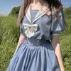 Casual Dresses Harajuku Sailor Collar Navy Dress Japanese Lolita Sweet Bow-Knot Girl Retro Cotton Kawaii Preppy Style Short Sleeve Women