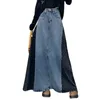 Rokken vintage splicing long denim jeans zomer hoge taille geplooide rok vrouwen Koreaanse mode blauw patchwork vloer lengte