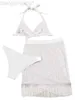 Designer Fashion New Style Solid Color Fringed Skirt Bikini Three-piece White Lace Neck Hanging Swimsuit Ins Style Bikini T Shirt Tops