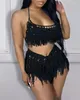 Survêtements pour femmes Sexy femmes deux pièces ensembles tenue Spaghetti sangle culture Crochet haut gland conception Shorts ensemble mode 2023 été