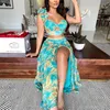 Deux Pièces Robe D'été Nouvelles Femmes Sexy Mince Deux Pièces Ensemble Hors Épaule Split Imprimé Floral Crop Tops Et Longue Jupe Costume Dame Élégant 2 Pièces Ensembles J230506