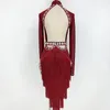 Stage Wear Women Latin Dance Competition Dress Red Long Sleeves Rhinestone Tassels Performance Clothing Dancer Costume BL8462
