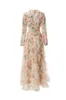 Women's Runway Dresses O Neck Long Sleeves Appliques Ruffles Floral Printed Fashion Designer Maxi Party Prom Gown