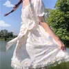 Casual Dresses Summer Japanese Kawaii Square Collar Kort ärmtryck Print Party Dress Vintage Sweet White Lolita Lace Fairy Vestido