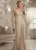 Champagne Mother of the Bride Dresses Plus Size 2023 Chiffon Half Sleeves Groom Godmother Evening Dress for Wedding New Beaded Lace