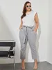 Broek plus size elegante zomer lente gingham print enkel lengte dames zakken zakken tie taille grote kleding