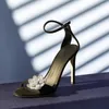 Sandals 2023 Women Black Rhinestone Flower Decoration Ankle Buckle Strap Pointed Toe Thin High Heel