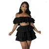 Tracksuits voor dames 2023 Ins Solid Sweet Holiday Ruffles Sexy Set Shirtshort Slash Neck korte mouw broek slanke dames 2 -stuks