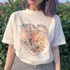 Mulheres S T 1pcs com Amor e Devoção Estilo Vintage Cupido Flores Coreano Moda Grunge Camiseta Branca Arte Estética 230508