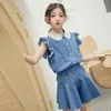 Ensembles Costumes Filles Denim Costume 2023 Été Bébé À Manches Courtes Blouse s 2 Pc Ensemble Enfants Wid jambe Pantalon Enfants Tenues 230508