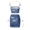 Work Dresses Spring Style Imitation Denim Print Chest Wrap Open Back Sleeveless Hip Skirt Sexy Street Two-Piece Suit