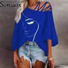 Women's Blouses Shirts 2022 Fashion Autumn Women's Sexy Diagonal Collar Off Shoulder Printed Pattern T-Shirt Hollow Casual Loose Half Sleeve New Tops T230508