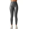 Active Pants Womens Tight Compression Sport Bottoms Pu Leather Yoga Hög midja bred elastisk midjeband Shiny Metallic Leggings