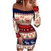 Pulls pour femmes Sexy Robe de pull d'impression de Noël pour femmes Slim une épaule ou col rond manches longues robes moulantes